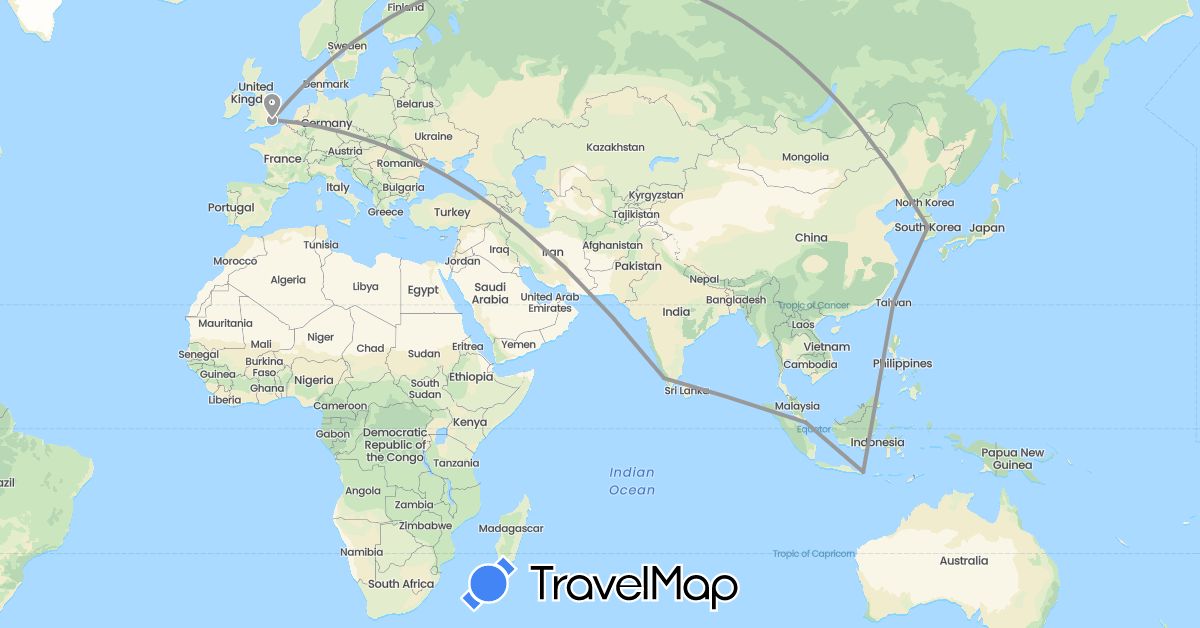 TravelMap itinerary: driving, plane in United Kingdom, Indonesia, India, South Korea, Singapore, Taiwan (Asia, Europe)